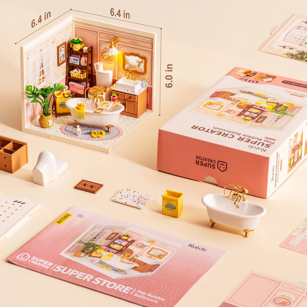 Rolife DIY Miniature House Kit Pop Bubble Bathroom Super Creator Dollhouse 3D Puzzle Model Building Kit with LED for Desk Decor