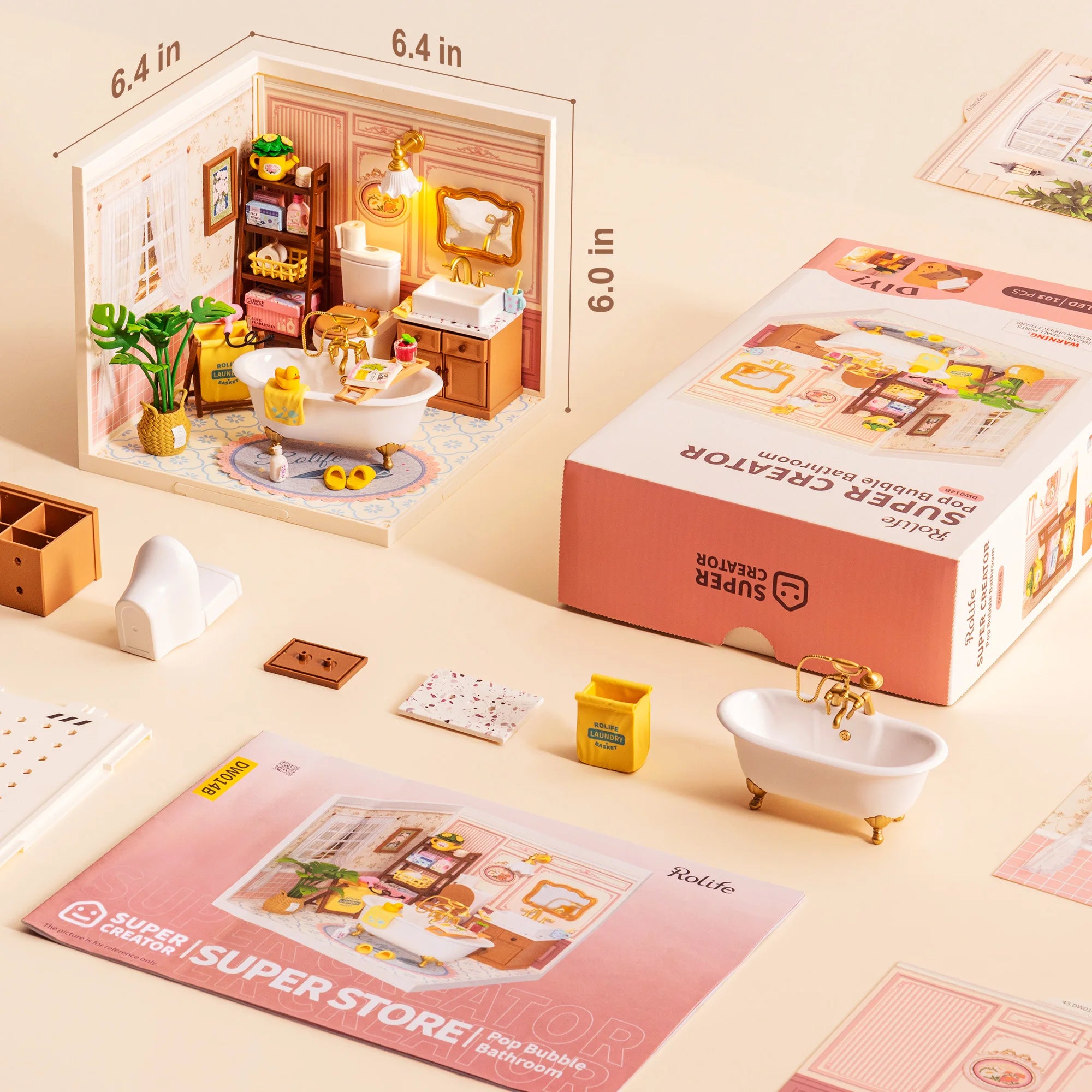 Rolife DIY Miniature House Kit Pop Bubble Bathroom Super Creator Dollhouse 3D Puzzle Model Building Kit with LED for Desk Decor