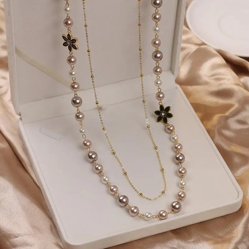 Vintage Lady Camellia Pearls Flower Long Necklace Chain Elegant Double Layers Fashion  Jewelry For Women Party Collares de moda