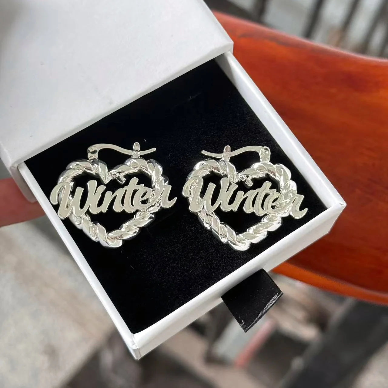 DUOYING Custom Name Twist Hoop Earrings Heart Personalised Nameplate Stainless Steel Jewelry