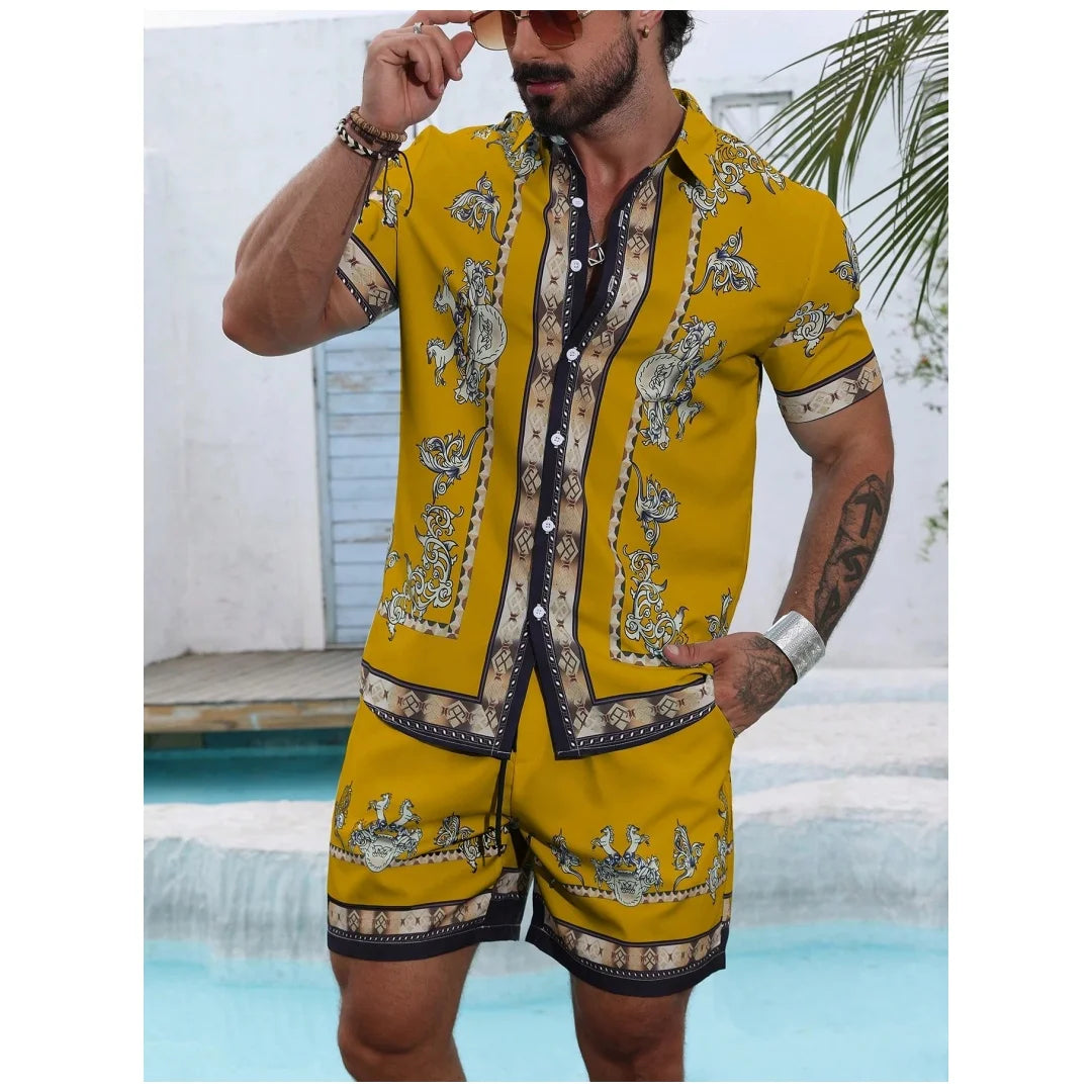 2025 Striped Shirt Set Mens Short Sleeved Shirt Summer Short Sleeved Shirt Beach Shorts Casual Street Set Y2K Casual Shorts