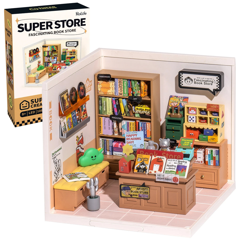 Rolife DIY Miniature House Kit Fascinating Book Store Super Creator Dollhouse 3D Puzzle Model Building Kit with LED Home Decor