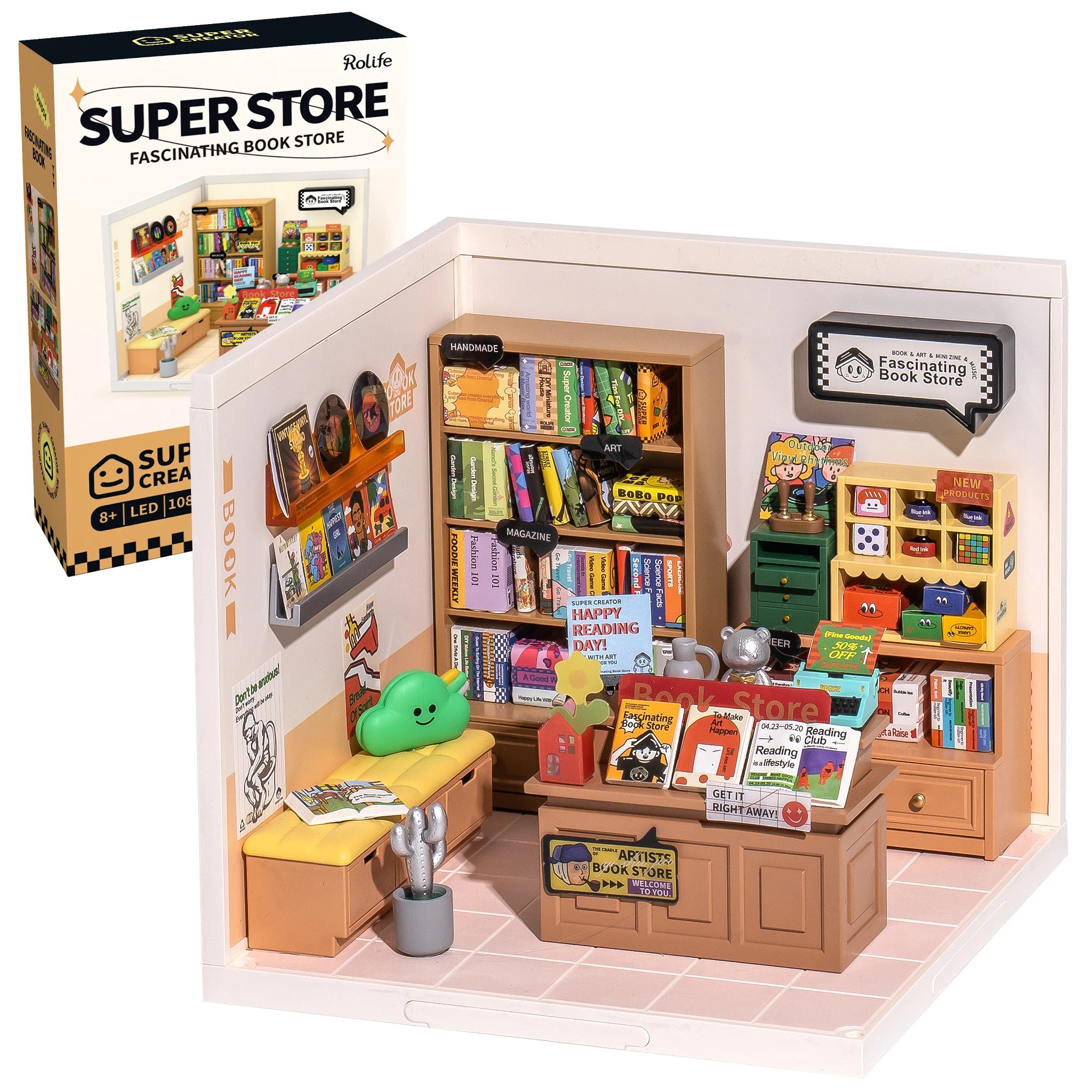 Rolife DIY Miniature House Kit Fascinating Book Store Super Creator Dollhouse 3D Puzzle Model Building Kit with LED Home Decor