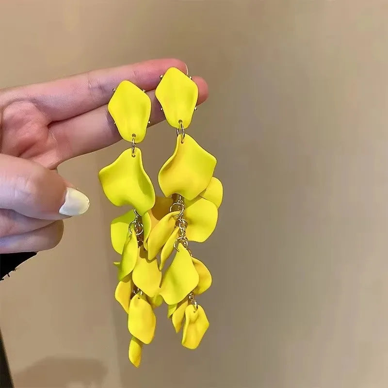 Bohemian Rose Petal Earrings Flower Red Yellow Blue Colors Flower Drop Earrings Long Tassel Earrings Party Wedding Jewelry