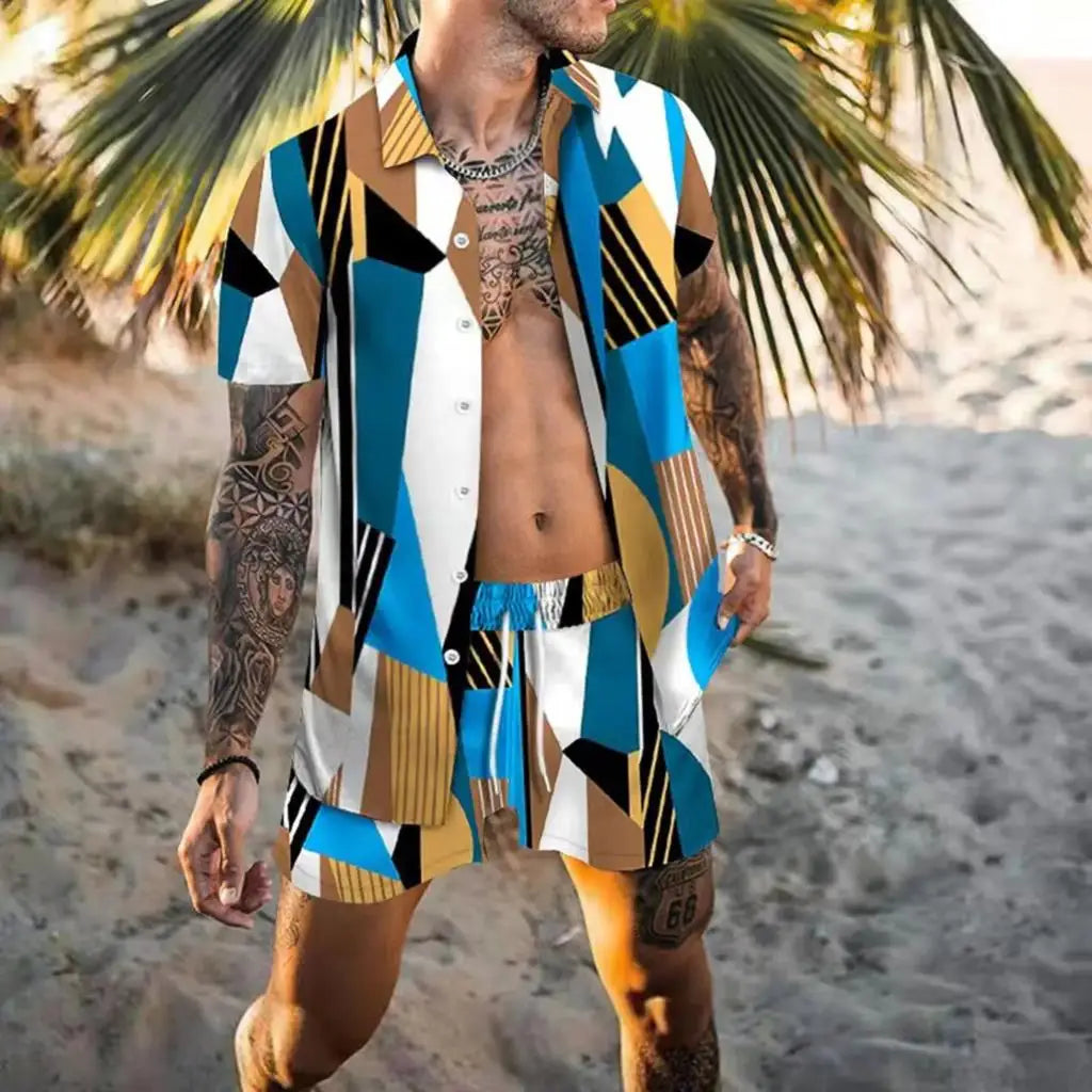 Summer Exquisite Men's Shirt Set Coconut Print Short Sleeve Top Leopard Print Shorts 2 Piece Hawaii Beach Men's Fashion Clothing