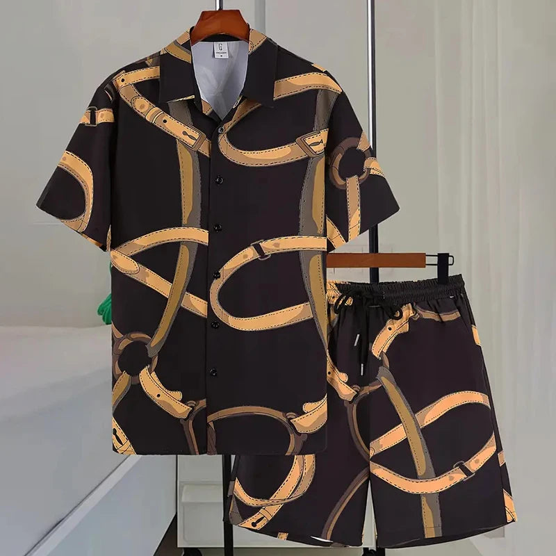 Men's Hawaiian Beach Vacation Shirt Men's Short Sleeve Shorts Set Textured Printed Men's 2-Piece Casual Ventilated Men's Set