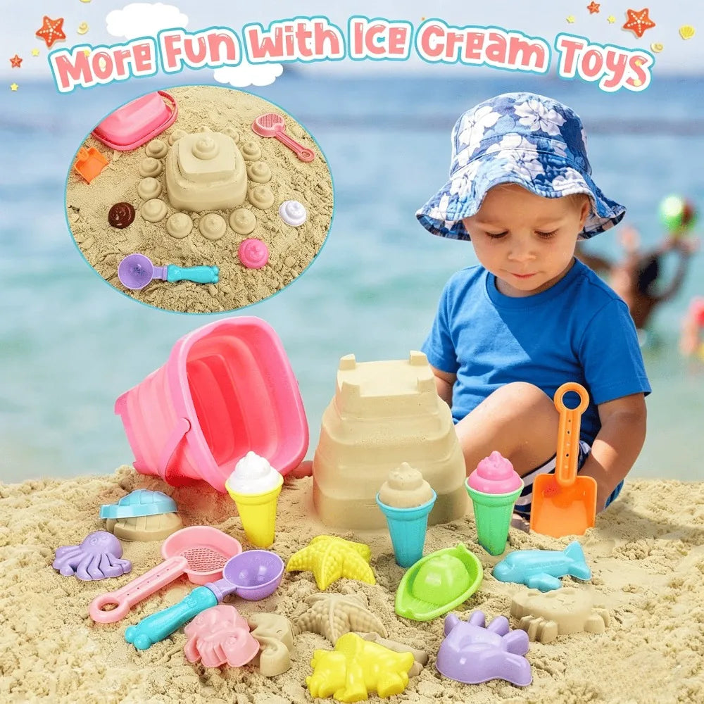20pcs Beach Toys Set for Kids Toddlers Girls Collapsible Sand Bucket Shovels Set Mesh Bag Sand Molds Ice Cream Travel Sand Toys