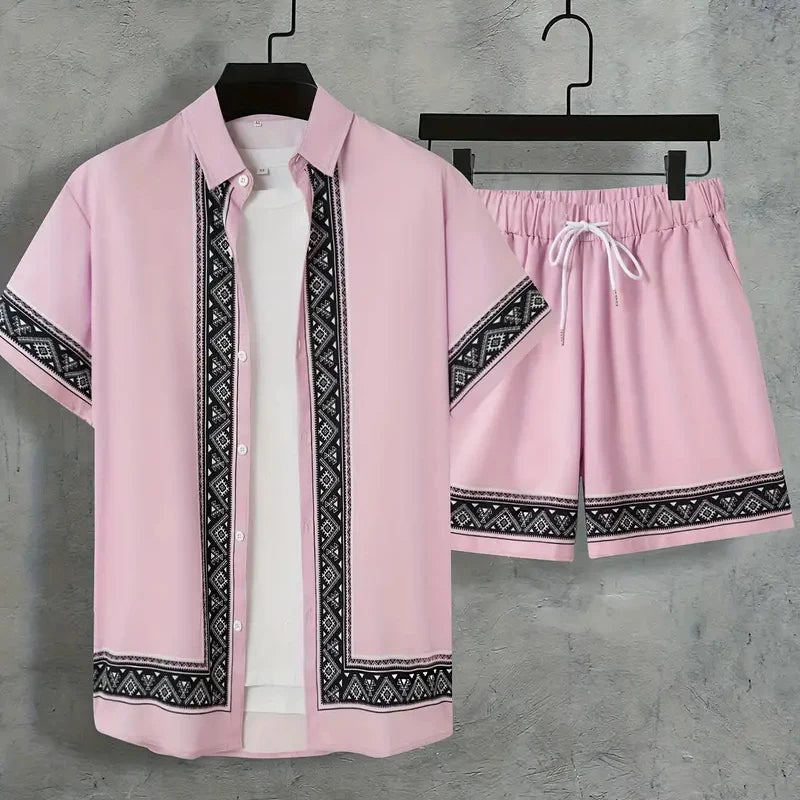 2024 New Men's Summer Holiday Suit Retro Textured Printed Border Shirt Short Sleeve Shorts Two Piece Men's Breathable Pool Suit