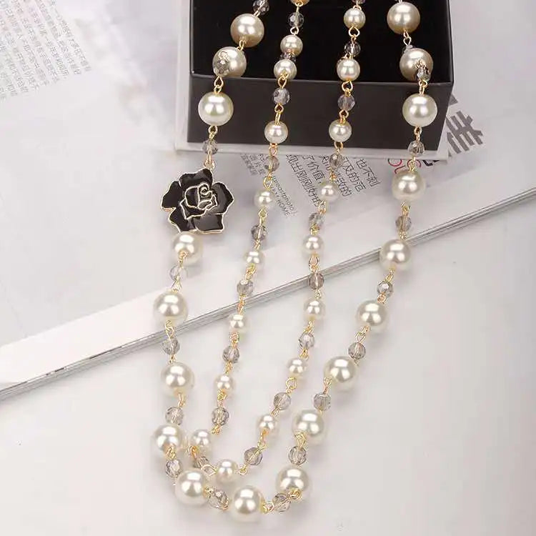 Vintage Lady Camellia Pearls Flower Long Necklace Chain Elegant Double Layers Fashion  Jewelry For Women Party Collares de moda