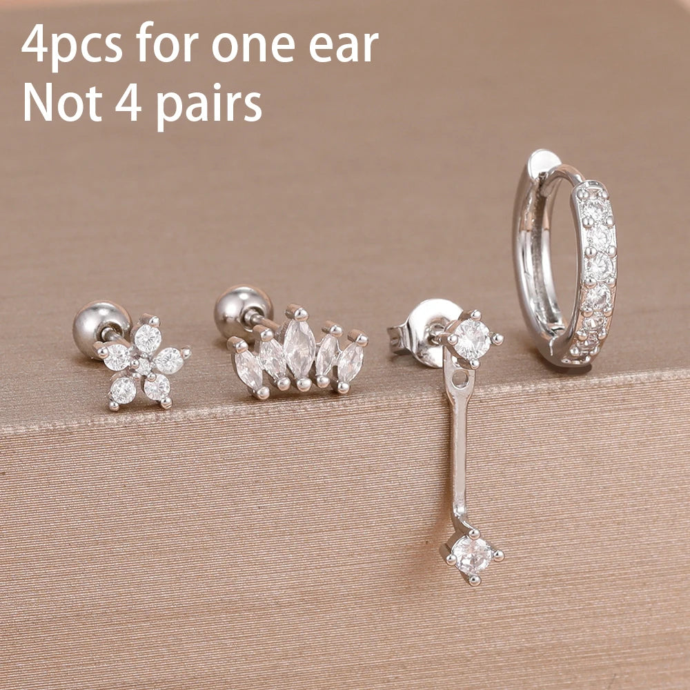 4pcs Korean Stainless Steel Zircon Water Drop Piercing Earrings Set for Women Simple Huggie Square Earring Fashion Jewelry