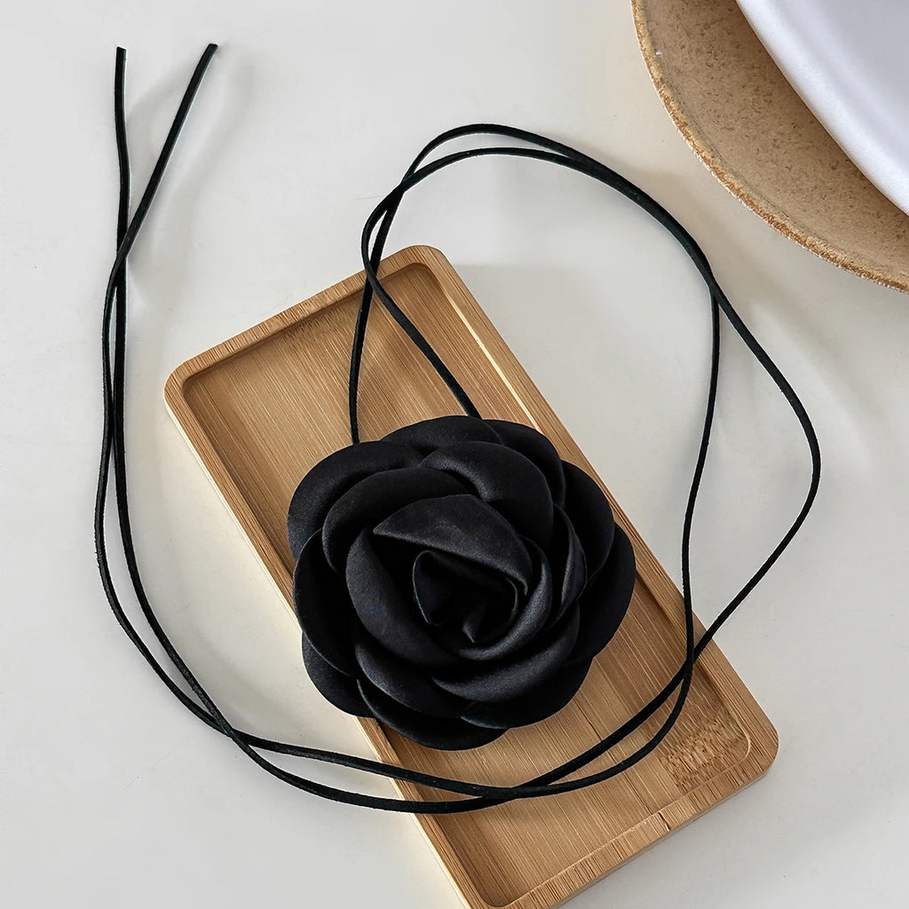 Exaggerated Romantic Big Rose Flower Clavicle Chain Necklace Women Kpop Adjustable Bowknot Rope Choker Jewelry Y2K Accessories