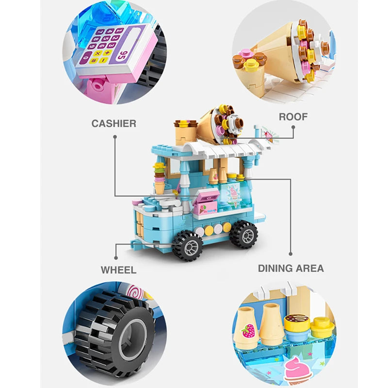 DIY Architecture Ice Cream Car Store Street View Food Building Blocks Kit Girls Bricks Classic Movie Model Kid Toys For Children