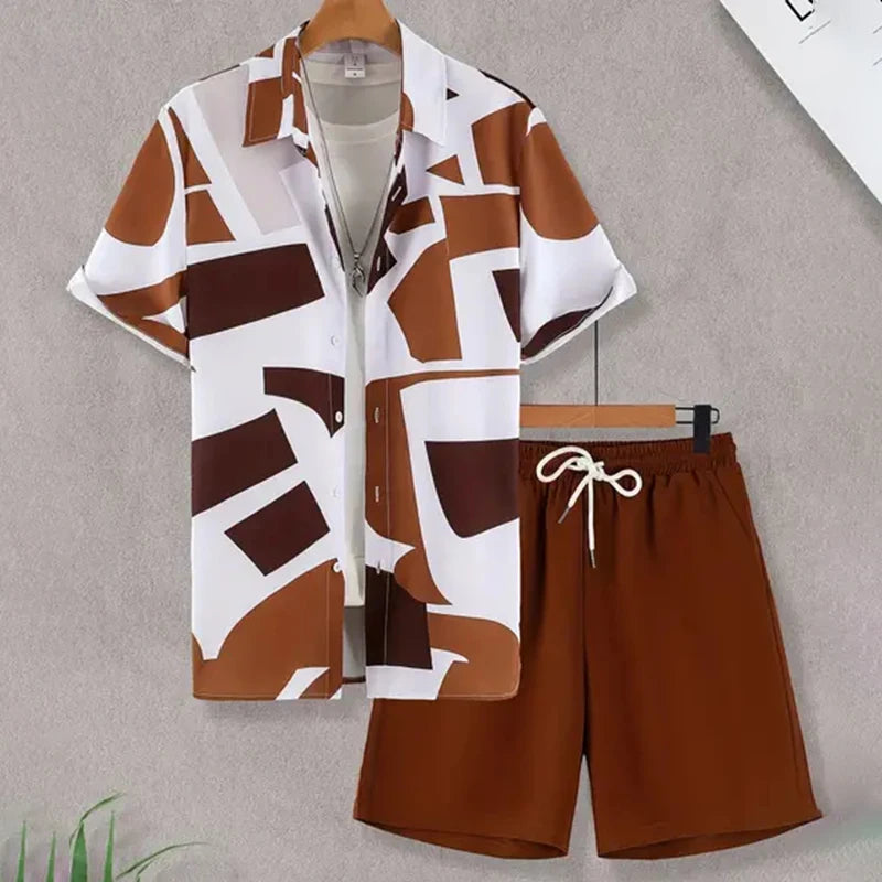 Men's Hawaiian Beach Vacation Shirt Men's Short Sleeve Shorts Set Textured Printed Men's 2-Piece Casual Ventilated Men's Set