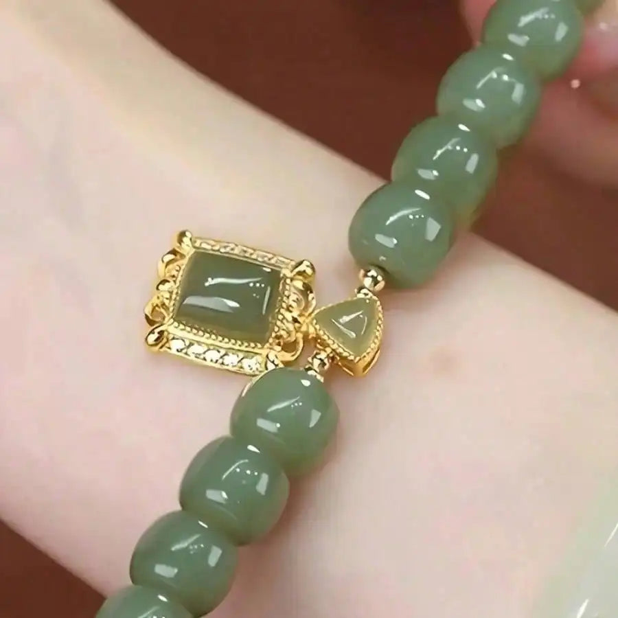 Elegant Chinese-Style Green Jade Beaded Bracelet | Imitation Jade Pendant & Gold Accents, Versatile for Daily