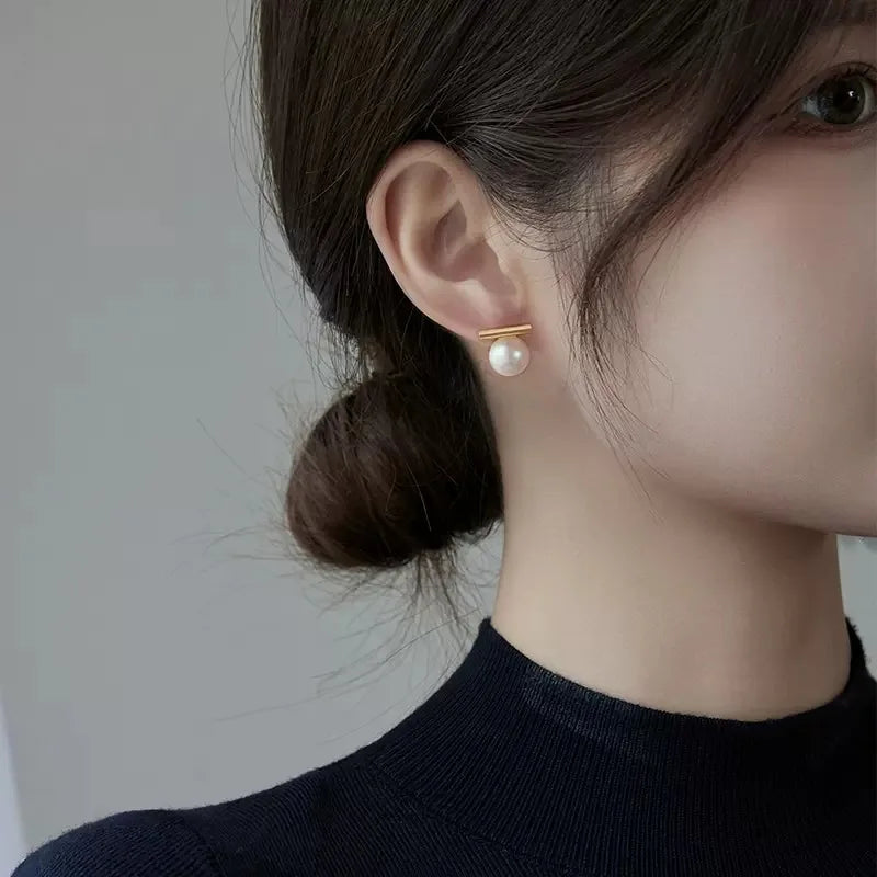 Simple Imitation Pearl Stud Earrings Gold Color Alloy Acrylic Beads Earring For Women Fashion Jewelry Trend Accessories