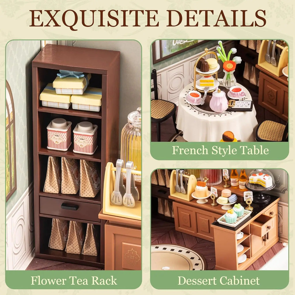 Rolife DIY Miniature House Kit Sweet Sips Tea Super Creator Dollhouse 3D Puzzle Model Building Kit with LED Light for Home Decor