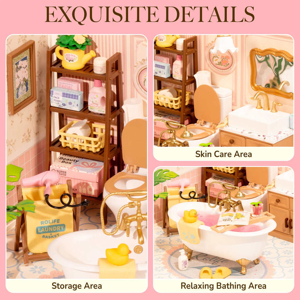 Rolife DIY Miniature House Kit Pop Bubble Bathroom Super Creator Dollhouse 3D Puzzle Model Building Kit with LED for Desk Decor