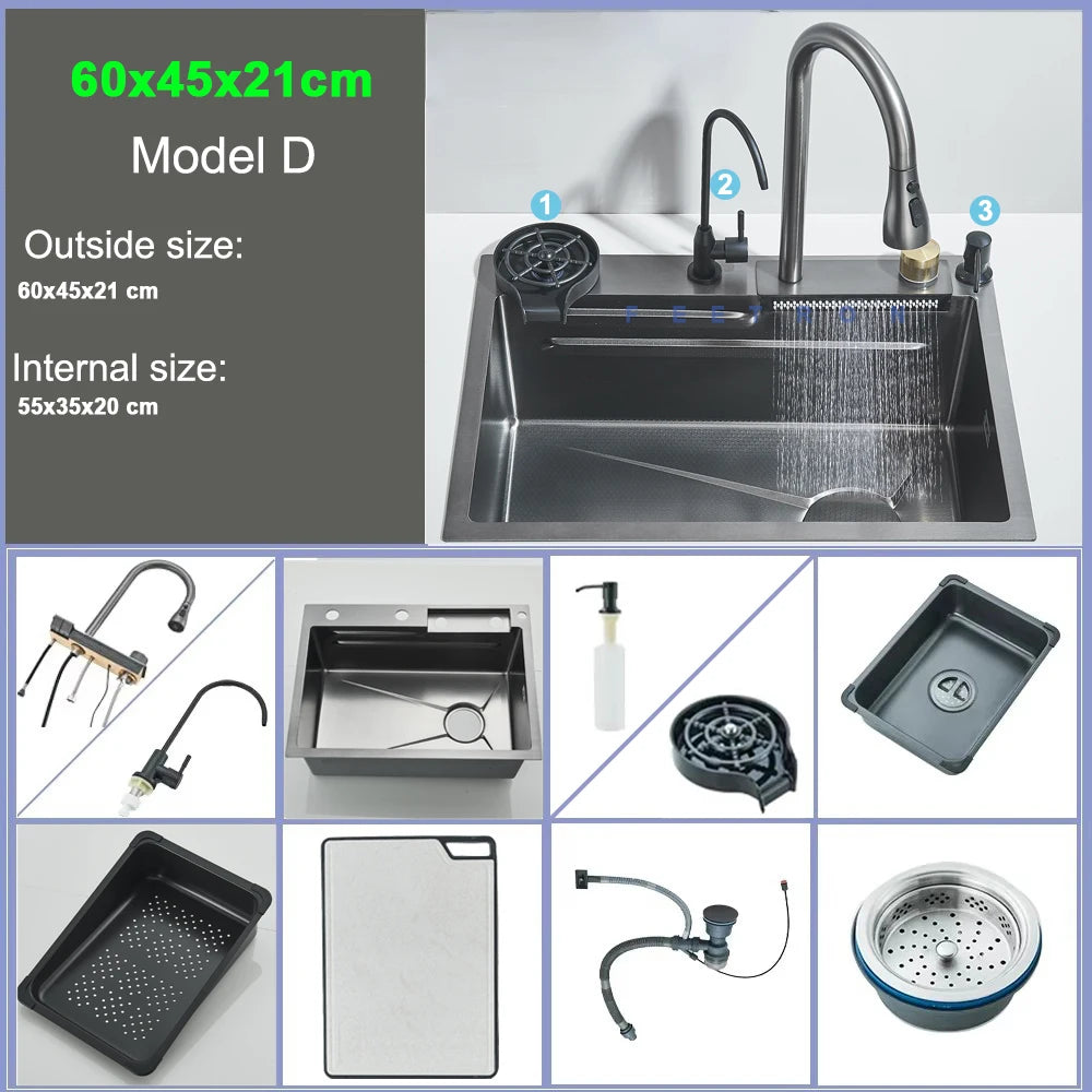 Shinesia Stainless Steel Kitchen Waterfall Sink Digital Display Large Single Sink Dish Basin Sink With Multifunction