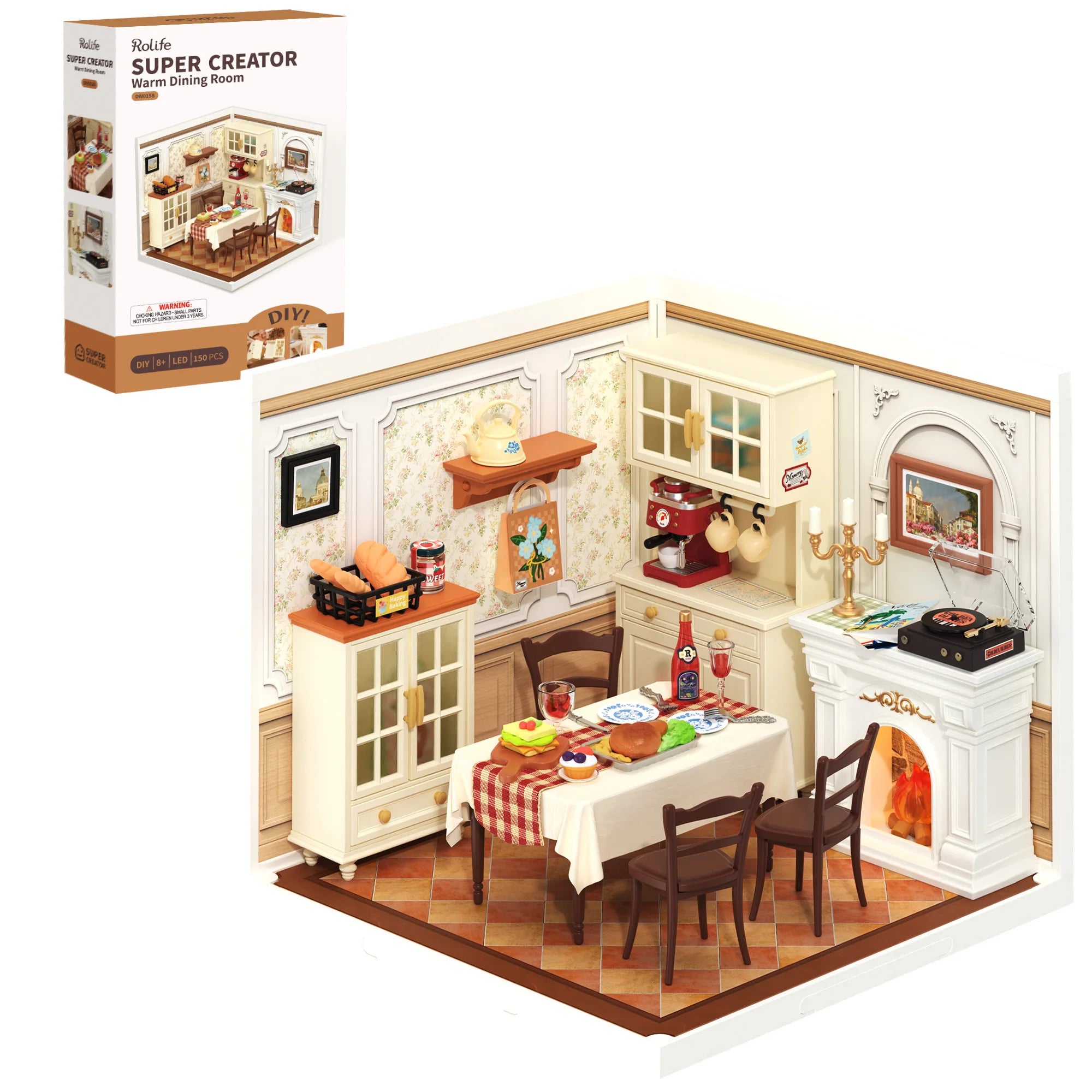 Rolife DIY Miniature House Kit Warm Dining Room Super Creator Dollhouse 3D Puzzle Model Building Kit with LED Light Home Decor