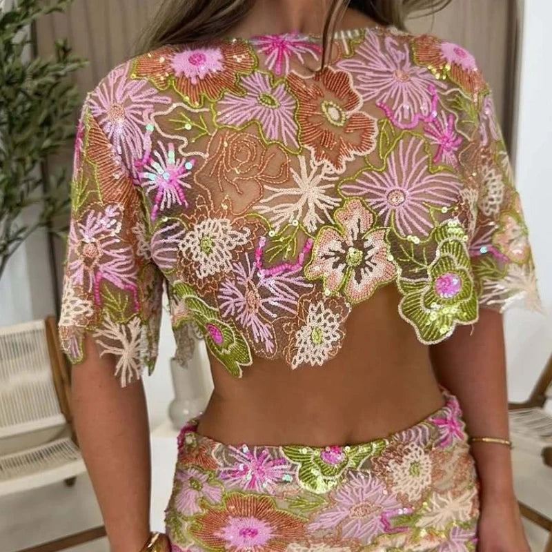 Women's Slim Fit Printed Crop Top And Skirt Set with Sequin Embroidery See-through Summer Beach Outfit Short Sleeve