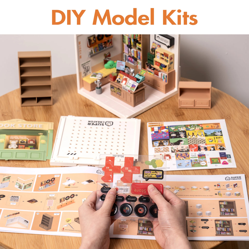 Rolife DIY Miniature House Kit Fascinating Book Store Super Creator Dollhouse 3D Puzzle Model Building Kit with LED Home Decor