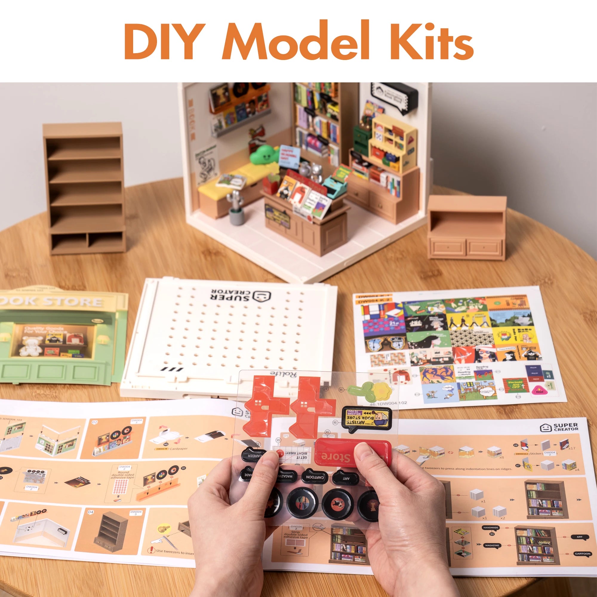 Rolife DIY Miniature House Kit Fascinating Book Store Super Creator Dollhouse 3D Puzzle Model Building Kit with LED Home Decor
