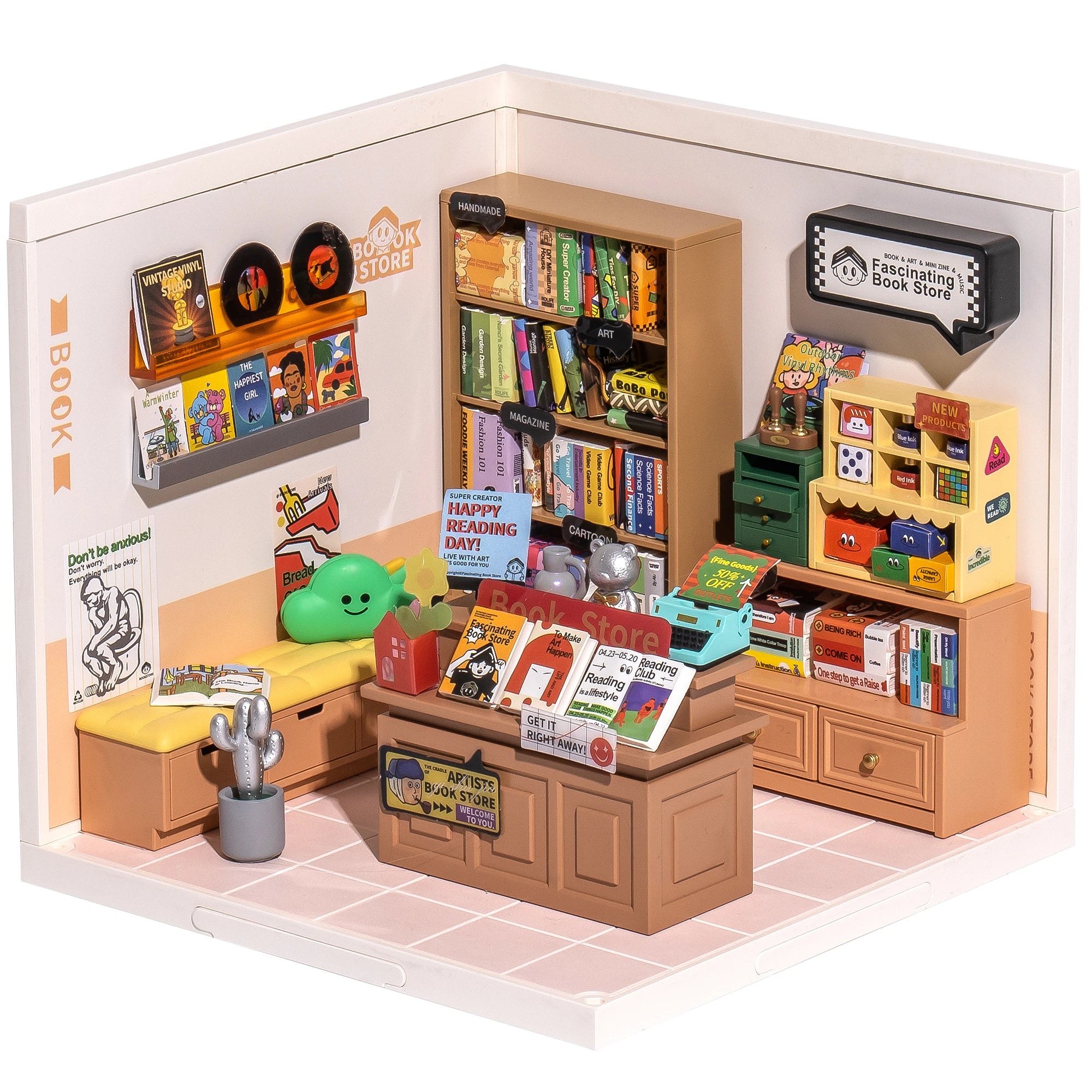 Rolife DIY Miniature House Kit Fascinating Book Store Super Creator Dollhouse 3D Puzzle Model Building Kit with LED Home Decor