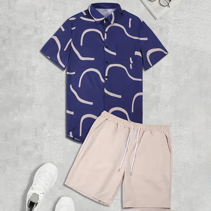 Men's Hawaiian Beach Vacation Shirt Men's Short Sleeve Shorts Set Textured Printed Men's 2-Piece Casual Ventilated Men's Set