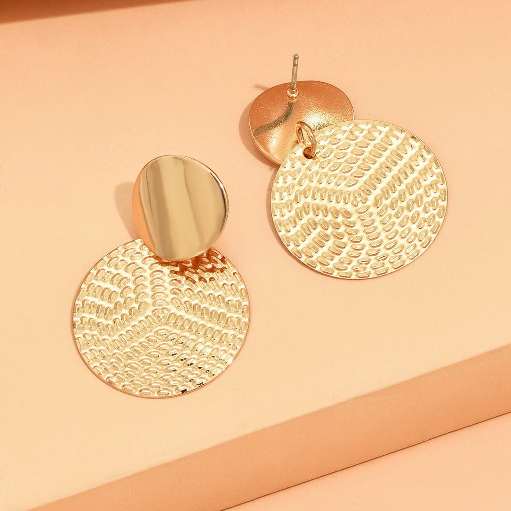 Chic Two Fashion Gold Color Circular Earrings With Intricate Woven Pattern Detailing Personality Simple Metal Dangle Earrings
