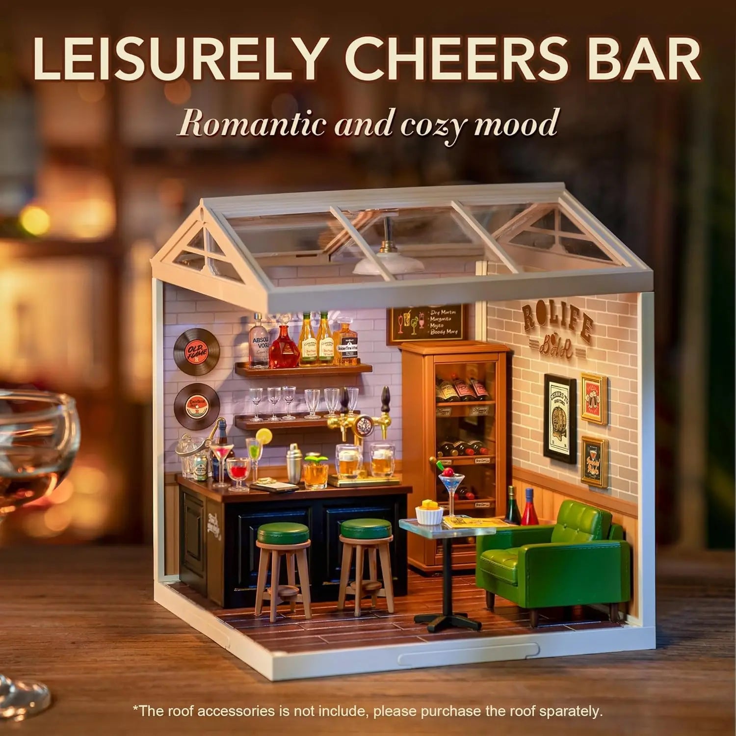 Rolife DIY Miniature House Kit Leisurely Cheers Bar Super Creator Dollhouse 3D Puzzle Model Building Kit with LED for Desk Decor