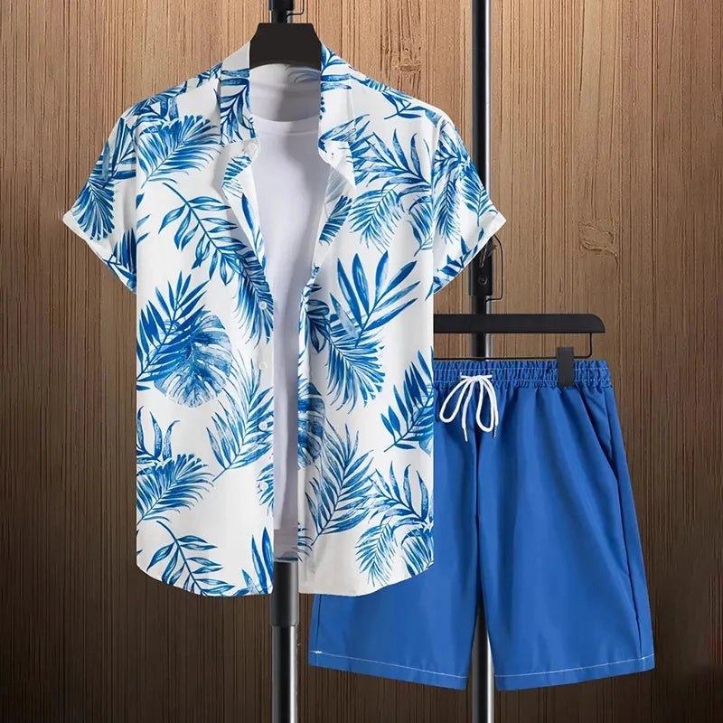Stylish Lapel Button-Down Shirt Shorts Set Summer Men's Short-Sleeved Shirt Drawstring Shorts 2-Piece 3D Leaf Print Travel Suit