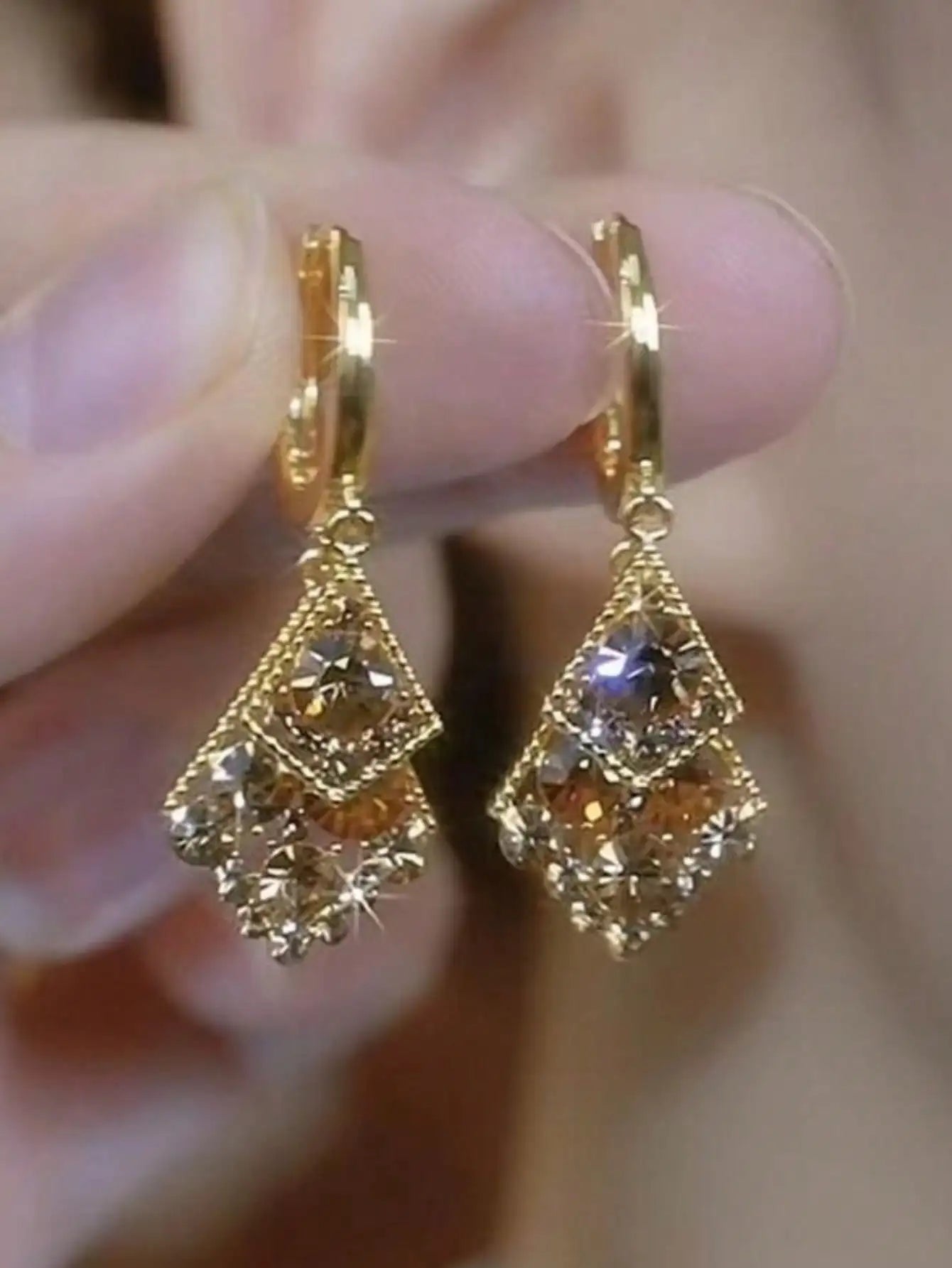Gold-Tone Geometric Double-Layer Rhombus Dangle Earrings with Crystal Accents for Women