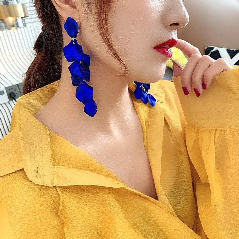 Bohemian Rose Petal Earrings Flower Red Yellow Blue Colors Flower Drop Earrings Long Tassel Earrings Party Wedding Jewelry
