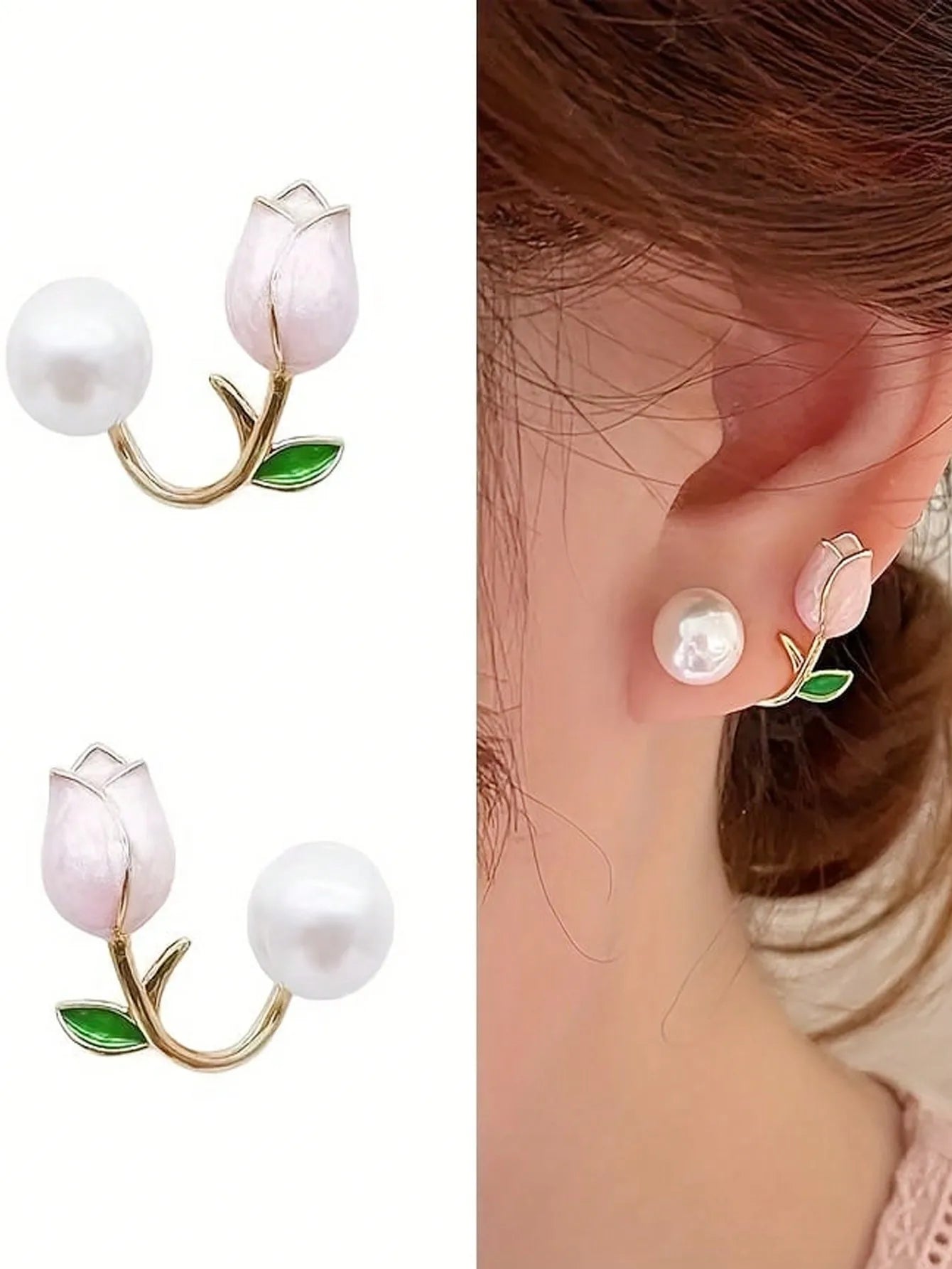 Tulip Flower Faux Pearl Ear Cuff Stud Earrings with Green Leaf Detail