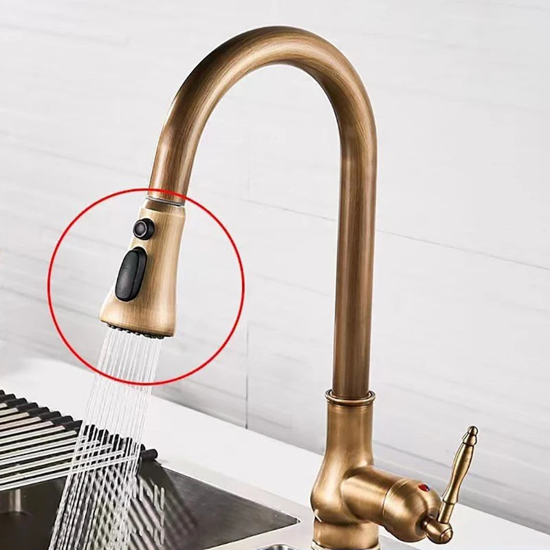 Antique Kitchen Faucet Pull Out Spray Kitchen Sink Single Handle Deck Mount Water Crane 360° Rotation Hot Cold Water Mixer Tap