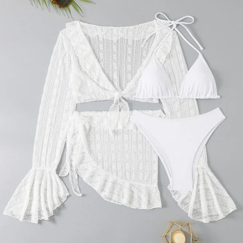 2025 Women Swimsuit Long-sleeve Cover-up Swimwear Sexy Four-piece Summer Solid Bikini Set Brazilian Beachwear Party Bathing Suit
