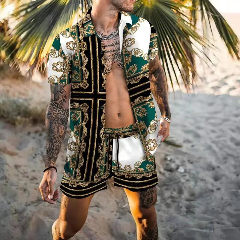 Summer Exquisite Men's Shirt Set Coconut Print Short Sleeve Top Leopard Print Shorts 2 Piece Hawaii Beach Men's Fashion Clothing