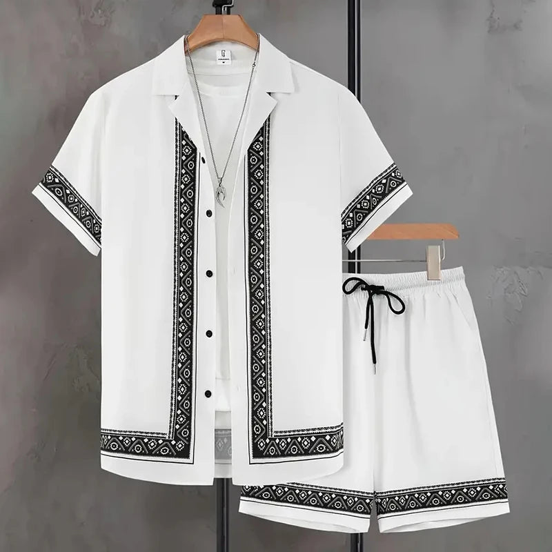 2024 New Men's Summer Holiday Suit Retro Textured Printed Border Shirt Short Sleeve Shorts Two Piece Men's Breathable Pool Suit