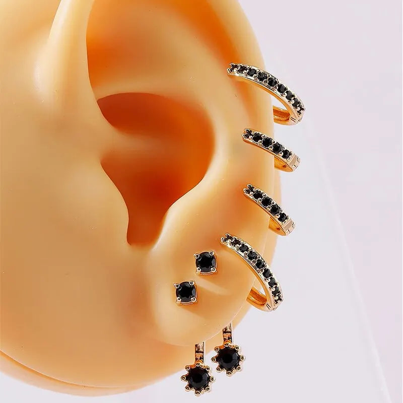 3 Pcs Turquoise Mini Earrings Set Gold Color New Design Hoop Earrings Cute Luxury Jewelry Gift Set Black Color Stones Options