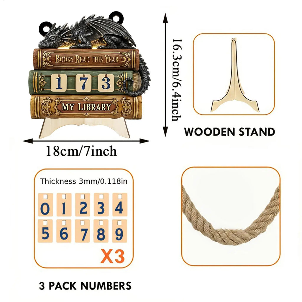 Dragon Embossed Wooden Books Read Counter Tracker Reading Challenge Goal Display Ornament Bookend for Book Lovers Library Decor