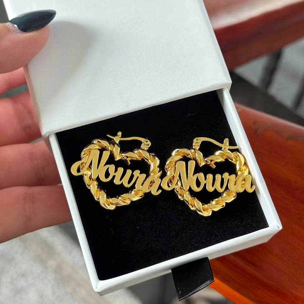 DUOYING Custom Name Twist Hoop Earrings Heart Personalised Nameplate Stainless Steel Jewelry