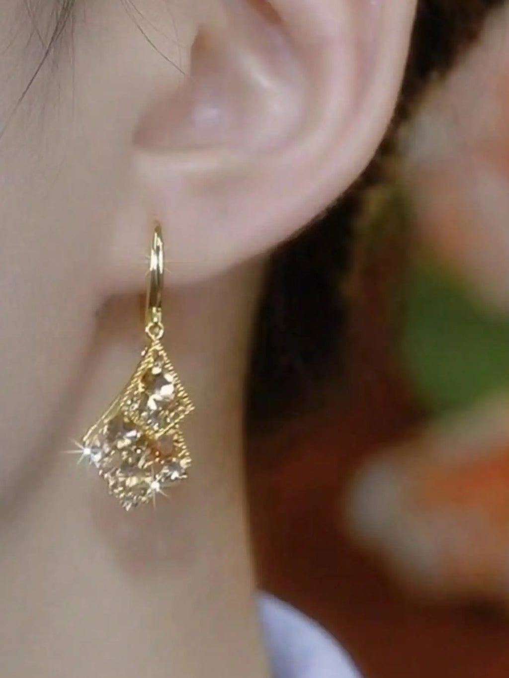 Gold-Tone Geometric Double-Layer Rhombus Dangle Earrings with Crystal Accents for Women