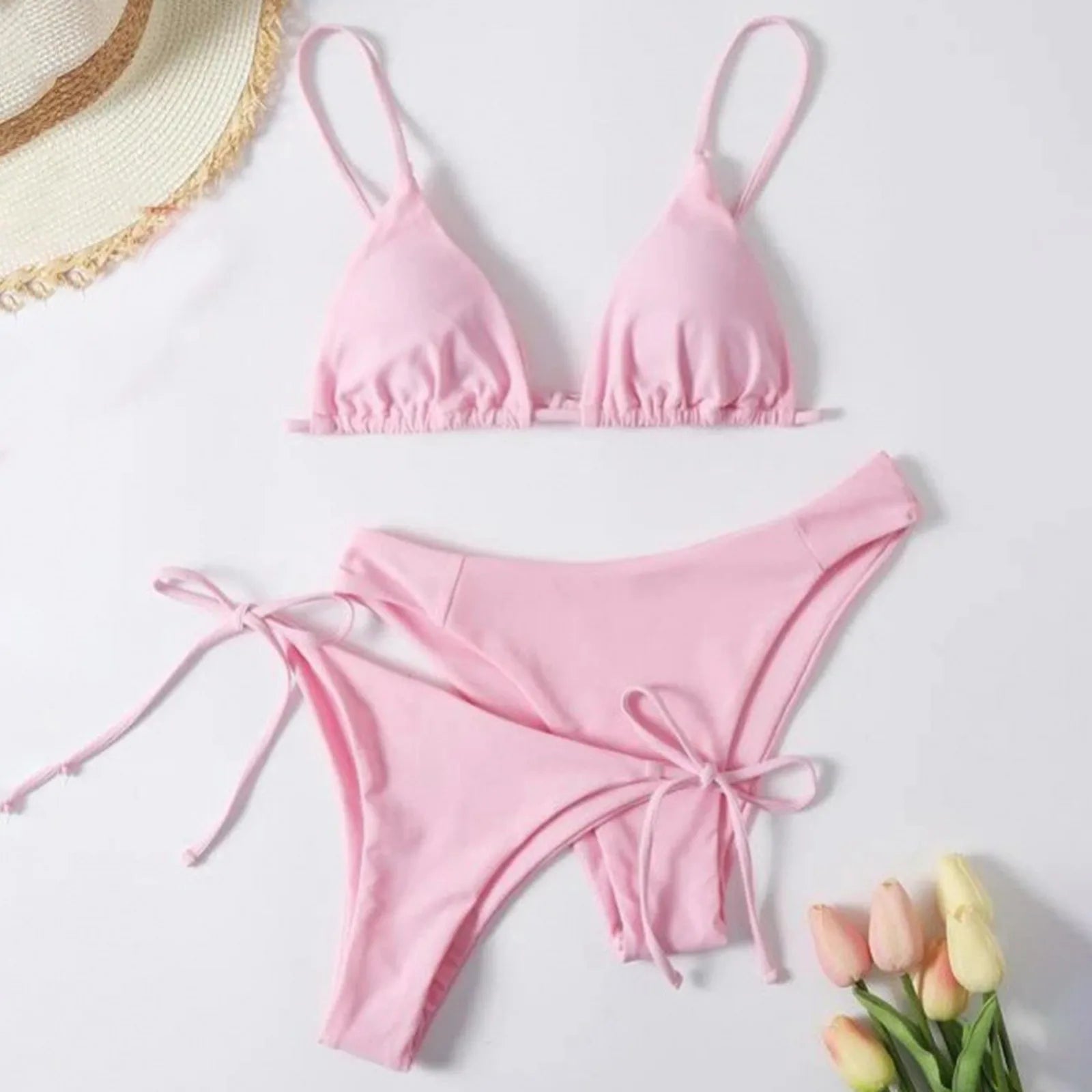Sexy 3 Pieces Set Swimwear Women Lace Up Micro Bikini Set Female Solid Low Waist Swimsuit Beachwear Bathing Suit