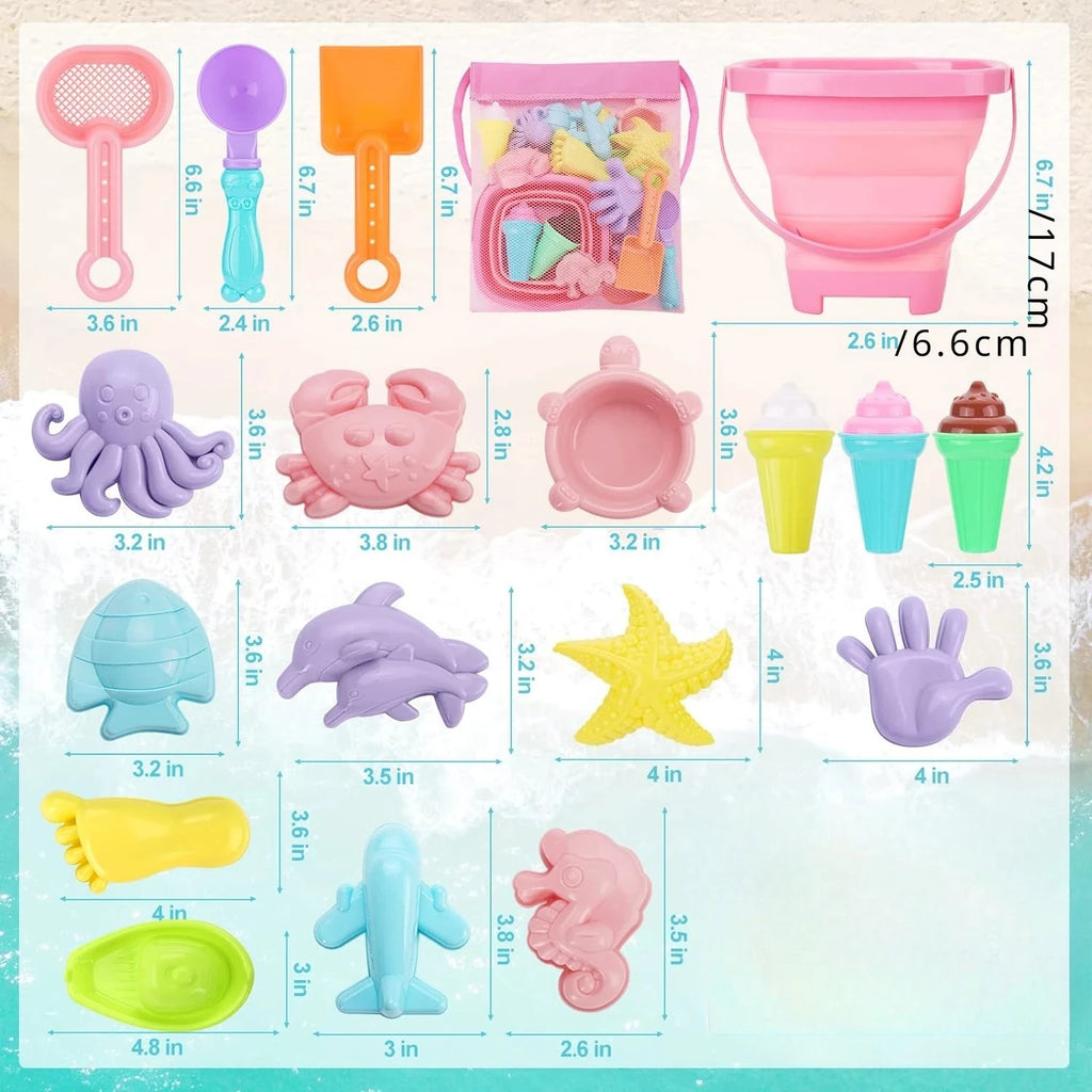 20pcs Beach Toys Set for Kids Toddlers Girls Collapsible Sand Bucket Shovels Set Mesh Bag Sand Molds Ice Cream Travel Sand Toys