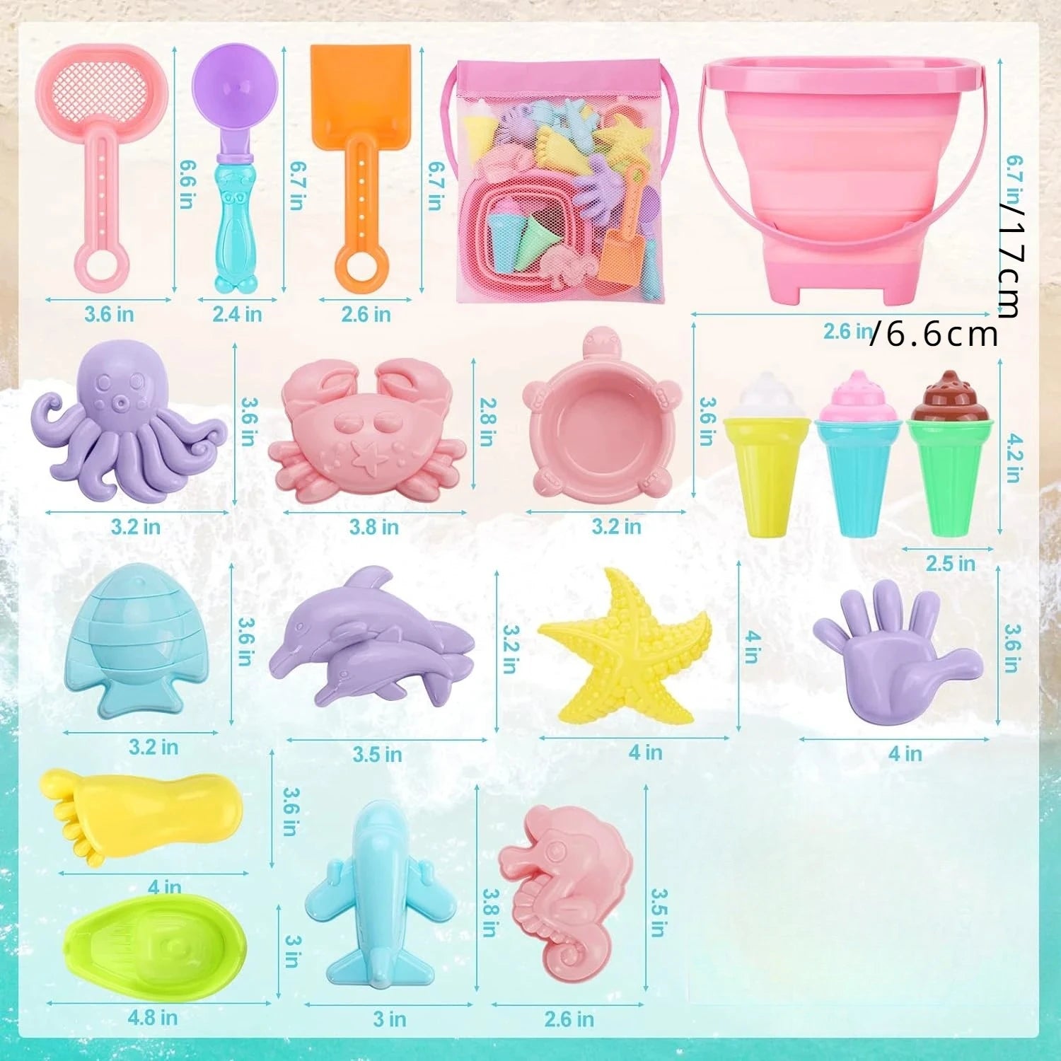 20pcs Beach Toys Set for Kids Toddlers Girls Collapsible Sand Bucket Shovels Set Mesh Bag Sand Molds Ice Cream Travel Sand Toys
