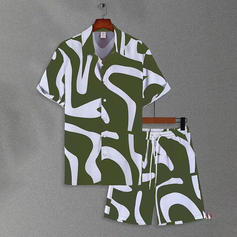 Men's Hawaiian Beach Vacation Shirt Men's Short Sleeve Shorts Set Textured Printed Men's 2-Piece Casual Ventilated Men's Set