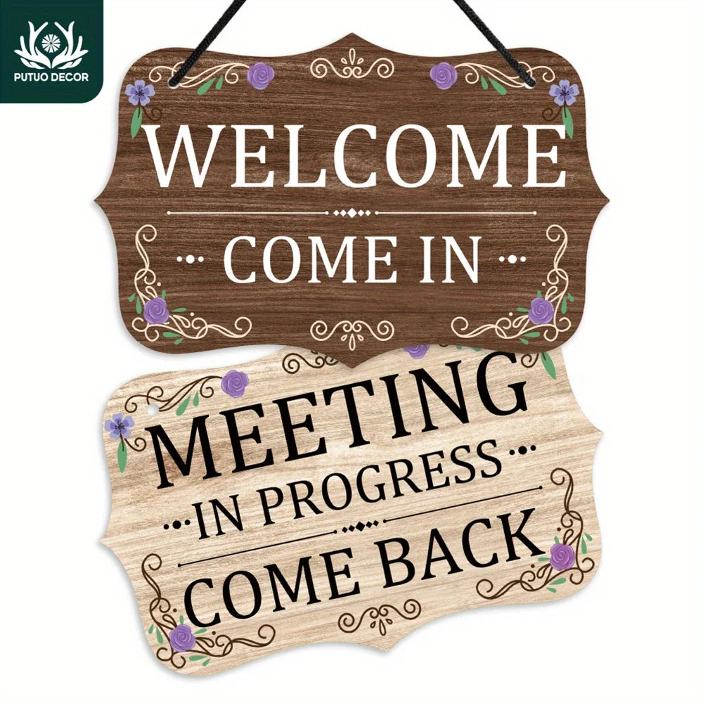 Putuo Decor  PVC Reversible Double-Sided Sign, Meeting in Progress Come Back Welcome Come In, Decor for Home  Bar Pub Club