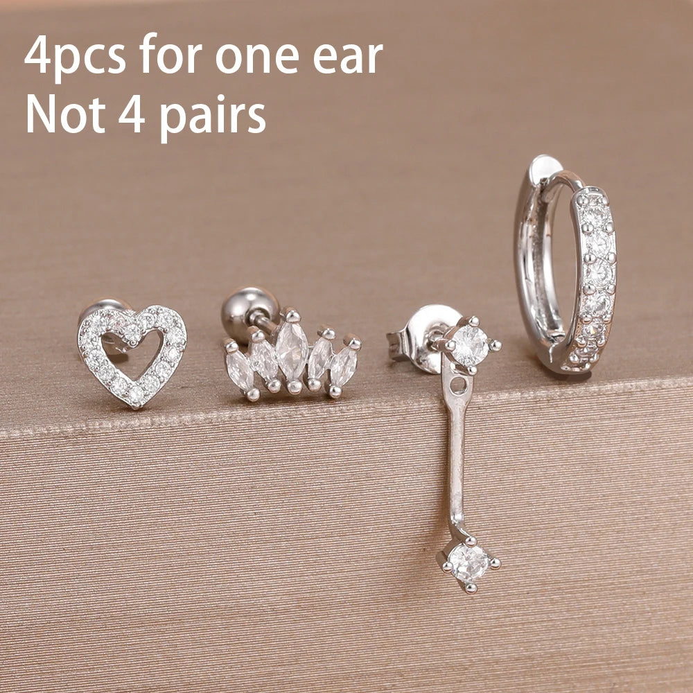 4pcs Korean Stainless Steel Zircon Water Drop Piercing Earrings Set for Women Simple Huggie Square Earring Fashion Jewelry