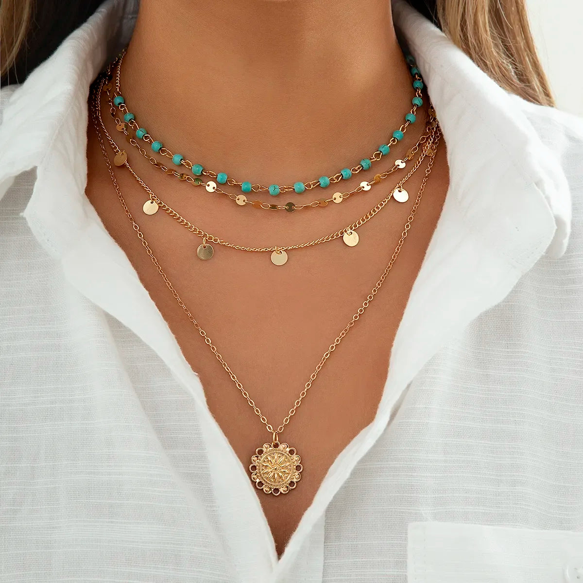 4Pcs/Set Boho Stone Flower Plate Pendant Choker Necklace for Women Vintage Gold Color Adjustable Chain Aesthetic Jewelry Gift