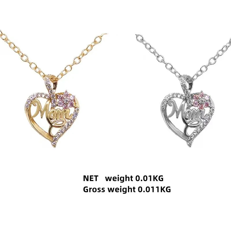 Mom Heart Pendant Necklace | Rhinestone & Pink Flower Jewelry | Mother's Day Gift for Her